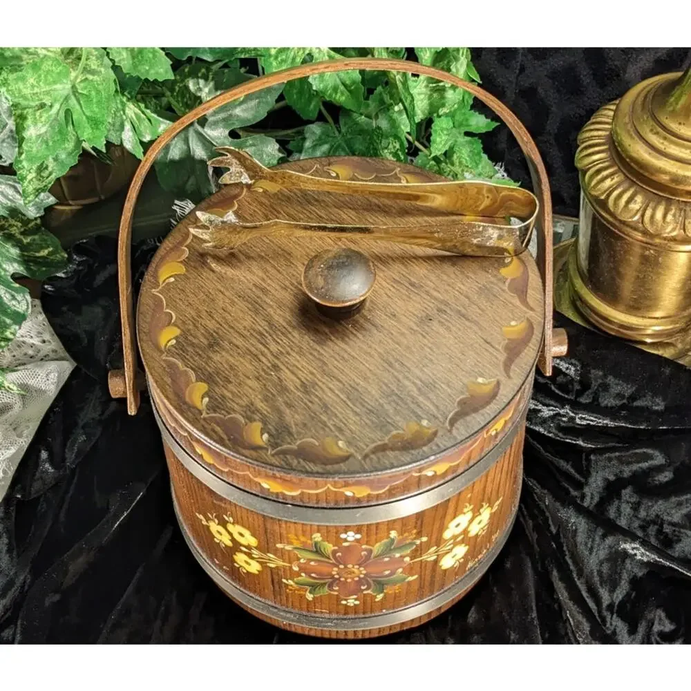 Vintage Norwegian Rosemaling Ice Bucket Hand Paint Signed Folk Art Tole Wood COA